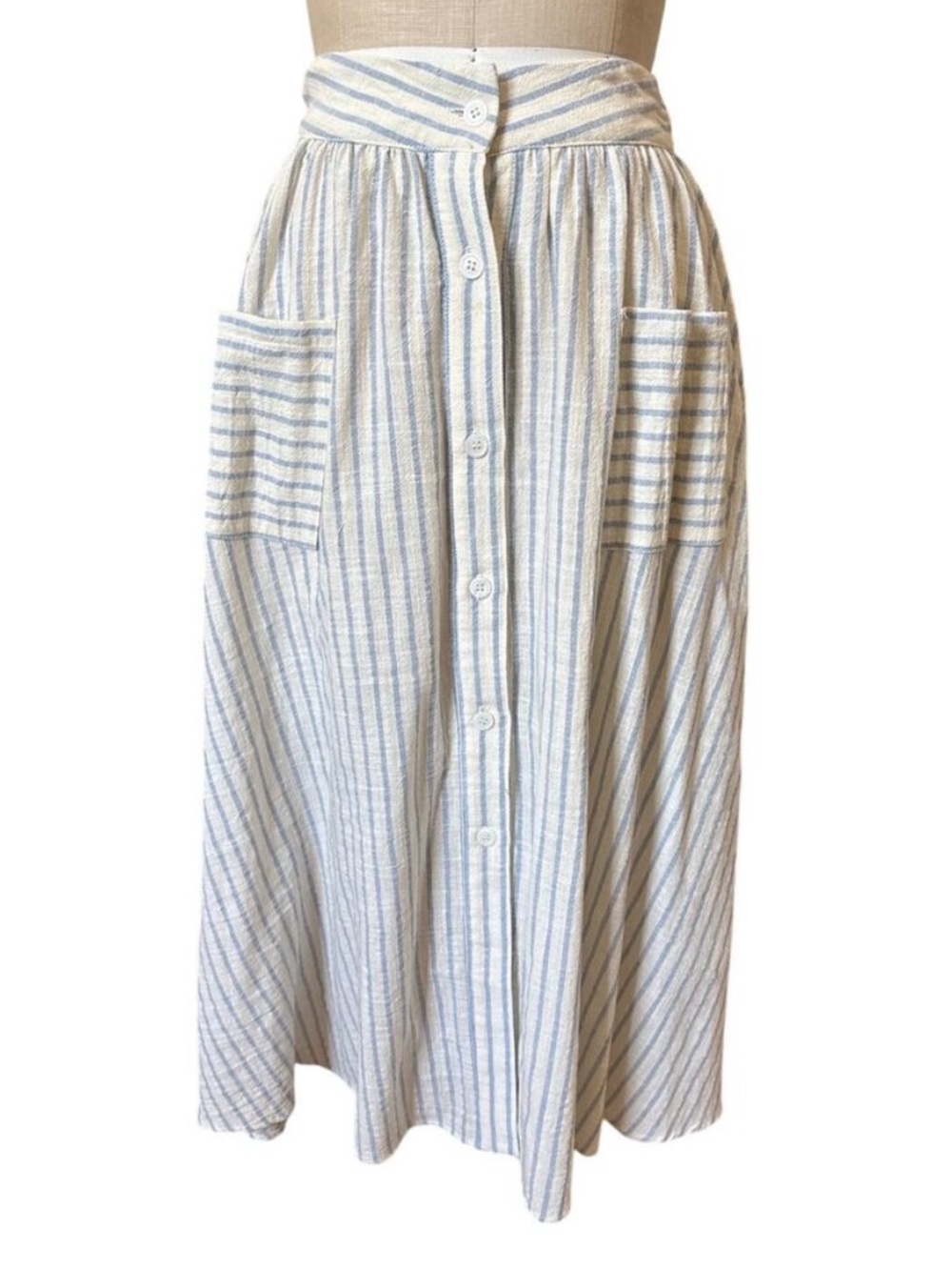 Never a Wallflower Blue and White Striped Button Down Midi Skirt